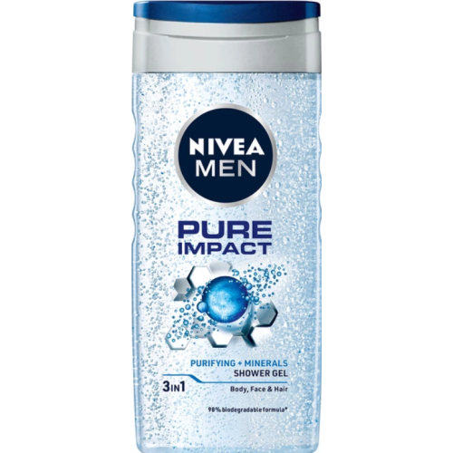Гель для душа NIVEA MEN Pure Impact 3 в 1 для тела, лица и волос, 250 мл