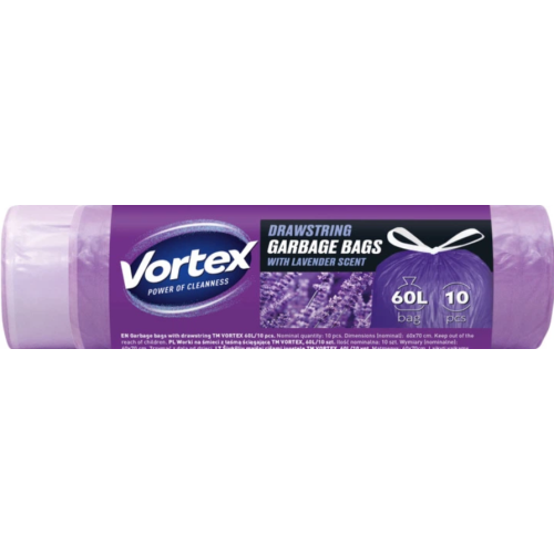 VORTEX Пакеты для мусора с затяжкой 60 л (60×70 см) фиолетовые с ароматом лаванды 10 шт