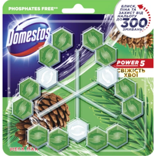 Туалетный блок для унитаза Domestos Power 5 Свежесть хвои, 3×55 г
