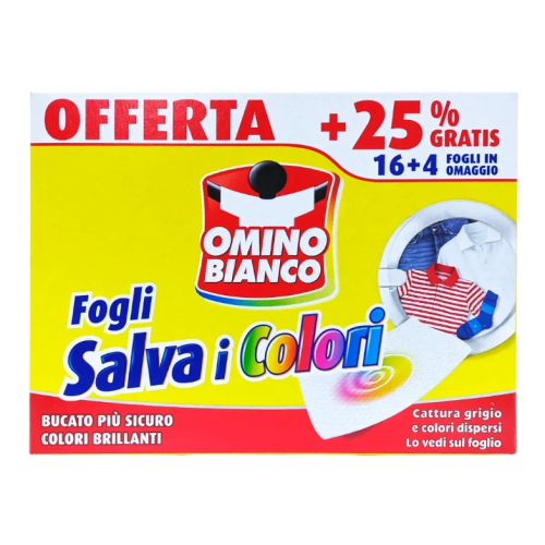 Салфетки для поглощения цвета, для вещей, которые могут линять Omino Bianco Salva i Colori, 20 шт