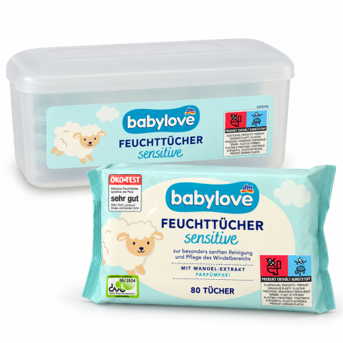 Детские влажные салфетки в контейнере Babylove Feuchttücher Sensitive с экстрактом миндаля, 80 шт.