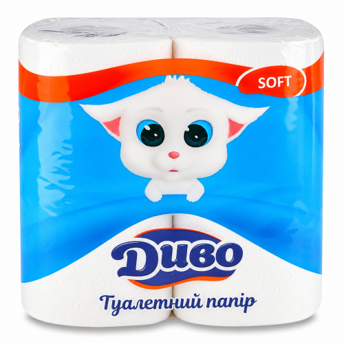 Туалетний папір Диво Soft білий, двошаровий, 4 рулони