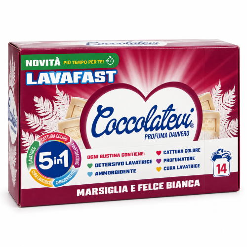 Пральні саше Coccolatevi Lavafast 5в1 Marsiglia e Felce Bianca, аромат марсельське мило та біла папороть,14 шт