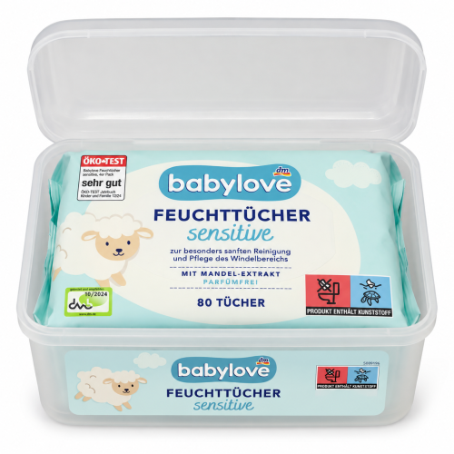 Дитячі вологі серветки в контейнері Babylove Feuchttücher Sensitive з екстрактом мигдалю, 80 шт.