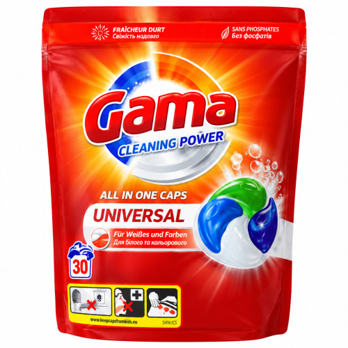Капсули для прання Gama Cleaning Power All in One Caps Universal 4 в 1, 30 шт