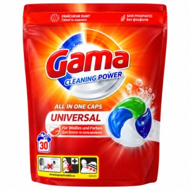 Капсулы для стирки Gama Cleaning Power All in One Caps Universal 4 в 1, 30 шт